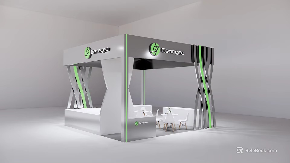 Modern Genvoya Exhibition Booth With Gray Green Design And White Tables Chairs 3d model 