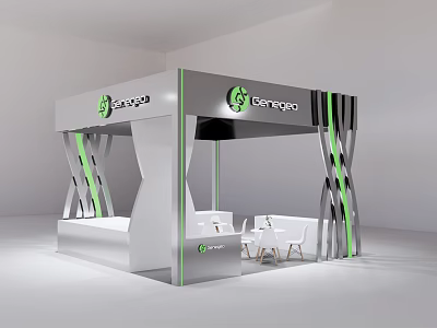 Modern Genvoya Exhibition Booth With Gray Green Design And White Tables Chairs 3d model