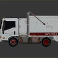 White Garbage Truck With Red Wheels And Rusty Details On Gray Surface 3d model