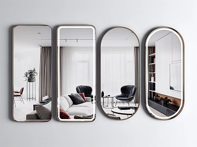 Stylish Decorative Mirrors Reflecting Modern Living Room With Furniture And Plants 3d model