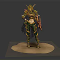 Female Fantasy Game Character With Ornate Purple Green Gold Armor Horned Helmet Cloak And Weapon