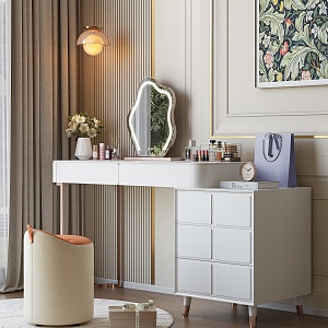 Modern Light Luxury Dressing Table Makeup Stool Dressing Cabinet Makeup Mirror Bedroom Makeup Table Makeup Products Skin Care Products Chandelier Round Carpet Decorative Painting Jewelry Ornaments 3d model