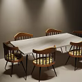 Rectangular Dining Table Set with Wooden Chairs Yellow Cushions and Lighting in Modern Room