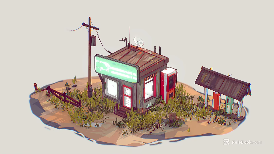 Cartoon Scene Featuring Small Building With Green Sign Red Pump Utility Pole and Tall Grass 3d model 
