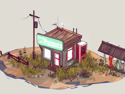 Cartoon Scene Featuring Small Building With Green Sign Red Pump Utility Pole and Tall Grass 3d model