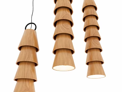 Wooden Layered Pendant Lights with Conical Design and Warm Glowing Light 3d model