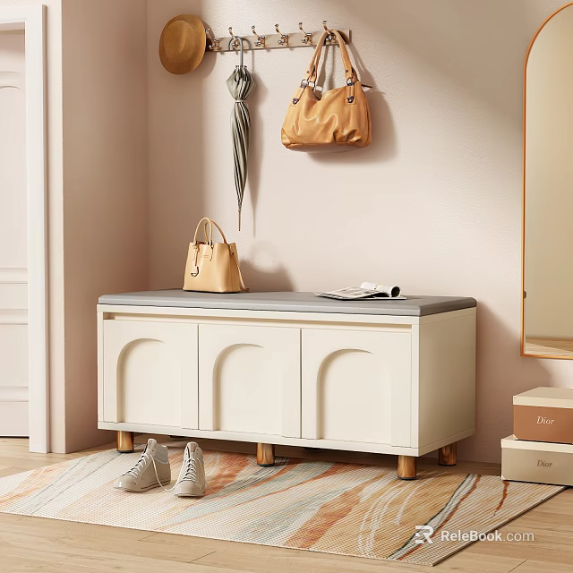 Shoe Bench with White Cabinet Arched Doors Top Handbag Book Near Shoes on Rug 3d model 