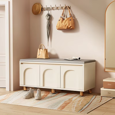 Shoe Bench with White Cabinet Arched Doors Top Handbag Book Near Shoes on Rug 3d model