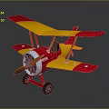 Colorful Red And Yellow Toy Biplane With Metal Propeller And Black Wheels On Dark Background