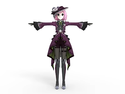 Gothic Game Character With Pink Hair Purple Outfit Hat And Black Boots 3d model