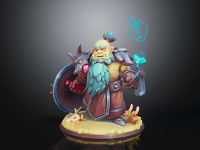 Fantasy Dwarf Warrior with Blue Beard Shield Axe Small Creature Companion Magic Blue Light Symbol 3d model