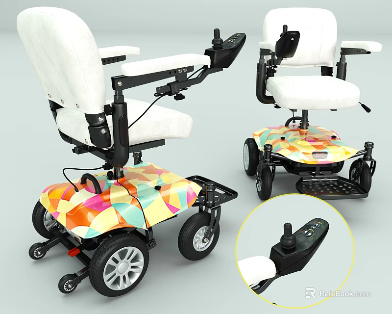 Functional Electric Wheelchair With Colorful Geometric Pattern White Seat And Joystick Controller 3d model 