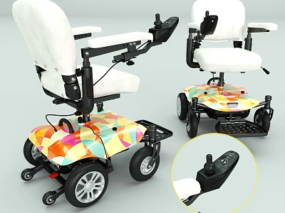 Functional Electric Wheelchair With Colorful Geometric Pattern White Seat And Joystick Controller 3d model