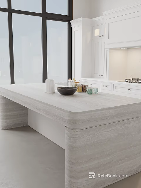 Modern Open Kitchen Interior Design With Marble Island And White Cabinets 3d model 