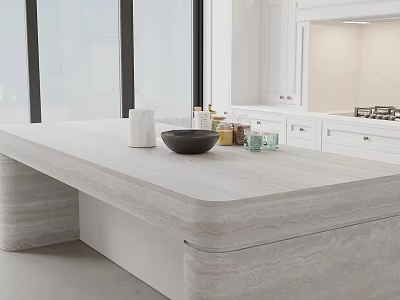 Modern Open Kitchen Interior Design With Marble Island And White Cabinets 3d model