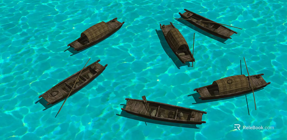 Traditional Wooden Boats Floating On Clear Blue Calm Water With Oars 3d model 