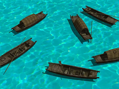 Traditional Wooden Boats Floating On Clear Blue Calm Water With Oars 3d model
