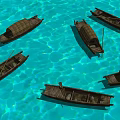 Traditional Wooden Boats Floating On Clear Blue Calm Water With Oars