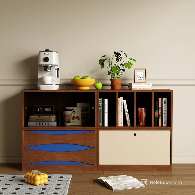 Modern Wooden Storage Cabinet with Coffee Machine Fruit Bowl Green Plant Photo Frame and Books 3d model 