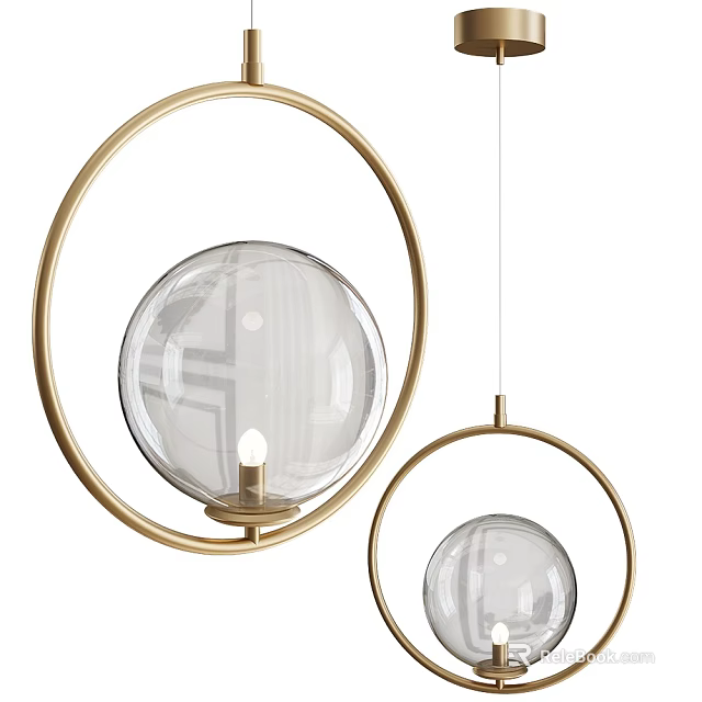 Modern Pendant Lights Design with Golden Circular Rings and Transparent Glass Globes 3d model 