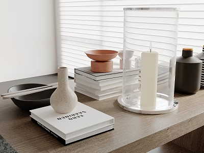 Elegant Modern Tabletop Decor With Books Vase Bowl And Glass Candle Lantern 3d model