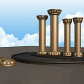 Ornate Golden Columns With Decorative Bases Against Blue Sky And Clouds