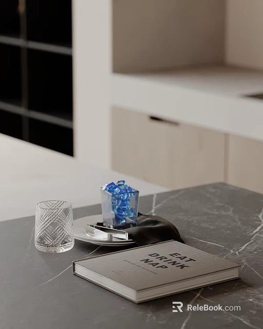 Stylish Ornamental Decor Set With Clear Glass Cup Blue Ice Cubes Tray On Marble Countertop 3d model 
