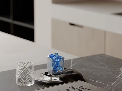 Stylish Ornamental Decor Set With Clear Glass Cup Blue Ice Cubes Tray On Marble Countertop 3d model
