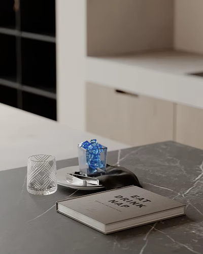 Stylish Ornamental Decor Set With Clear Glass Cup Blue Ice Cubes Tray On Marble Countertop 3d model