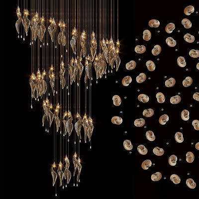 Elegant Crystal Chandelier with Feather Shaped Elements and Warm Lighting for Modern Interior 3d model