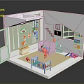 Cartoon Style Baby Nursery Room With Crib Colorful Toys Staircase Bookshelf And Wall Decorations