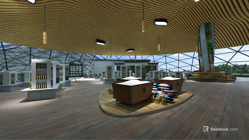 Spacious Modern Interior With Wooden Ceiling Round Display Counter And Glass Structure 3d model 