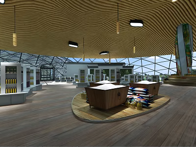 Spacious Modern Interior With Wooden Ceiling Round Display Counter And Glass Structure 3d model
