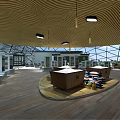 Spacious Modern Interior With Wooden Ceiling Round Display Counter And Glass Structure