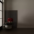 Red Roses in Gold Vase on Black Marble Table with Gold Bowl and Gray Wall