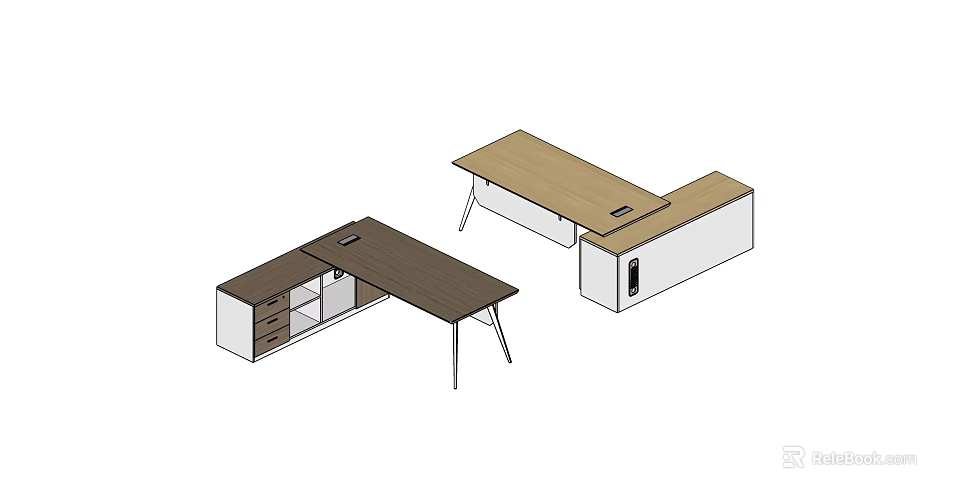Modern Office Desks In Dark Brown And Light Brown With Storage Drawers And Cabinets 3d model 