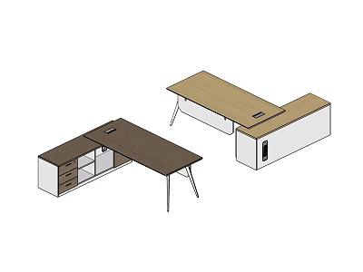 Modern Office Desks In Dark Brown And Light Brown With Storage Drawers And Cabinets 3d model