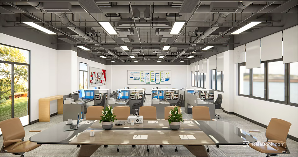 Modern Open Public Office Space With Workstations Ergonomic Chairs And Potted Plants 3d model 