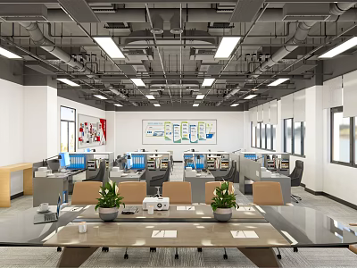 Modern Open Public Office Space With Workstations Ergonomic Chairs And Potted Plants 3d model