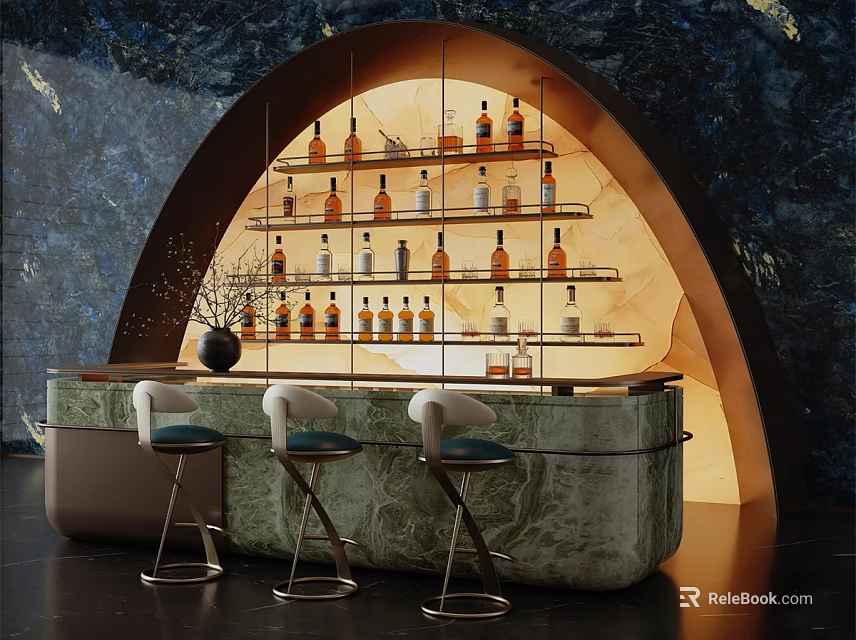Modern Sales Office Interior With Arched Backdrop Wine Racks And Bar Counter 3d model 