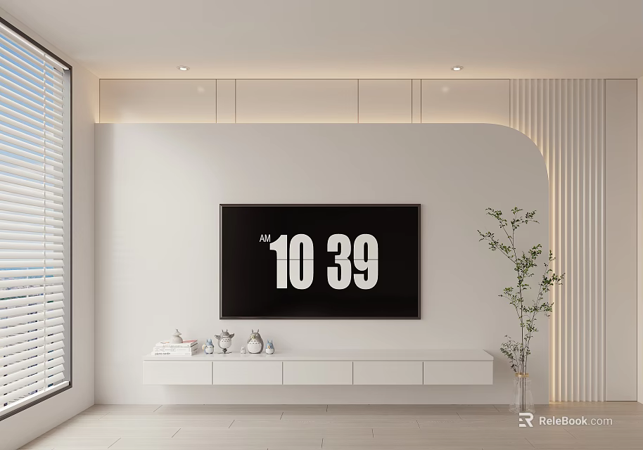 Modern TV Background Wall With White Wall TV Cabinet Green Plant Window And Blinds 3d model 