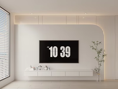 Modern TV Background Wall With White Wall TV Cabinet Green Plant Window And Blinds 3d model