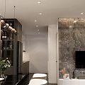 Modern Living Dining Room Interior Design With Sofa Dining Table Pendant Lights And Decorative Art