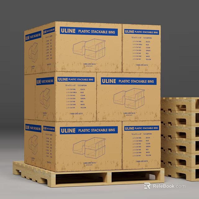 ULINE Plastic Packaging Stacked Cardboard Boxes On Wooden Pallets For Shipping Storage 3d model 