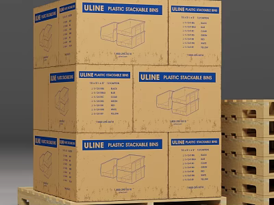 ULINE Plastic Packaging Stacked Cardboard Boxes On Wooden Pallets For Shipping Storage 3d model