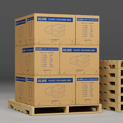 ULINE Plastic Packaging Stacked Cardboard Boxes On Wooden Pallets For Shipping Storage 3d model