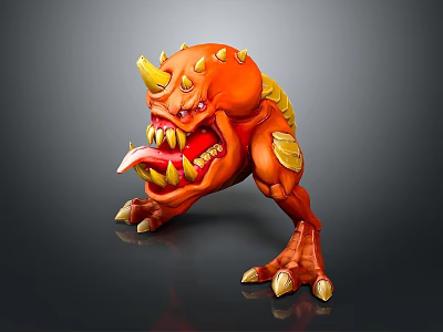 Fierce Orange Monster Character with Yellow Horns Wings Sharp Claws and Open Mouth 3d model