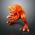 Fierce Orange Monster Character with Yellow Horns Wings Sharp Claws and Open Mouth