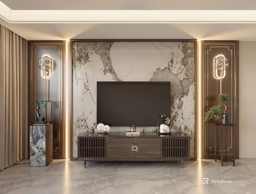 Elegant Modern Living Room Interior Design With Marble Feature Wall TV Cabinet And Decorative Lamps 3d model 