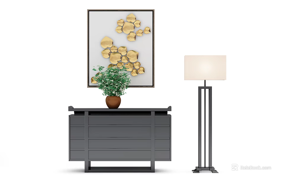 Stylish Entryway Console Table With Potted Plant Wall Art And Floor Lamp Decoration 3d model 